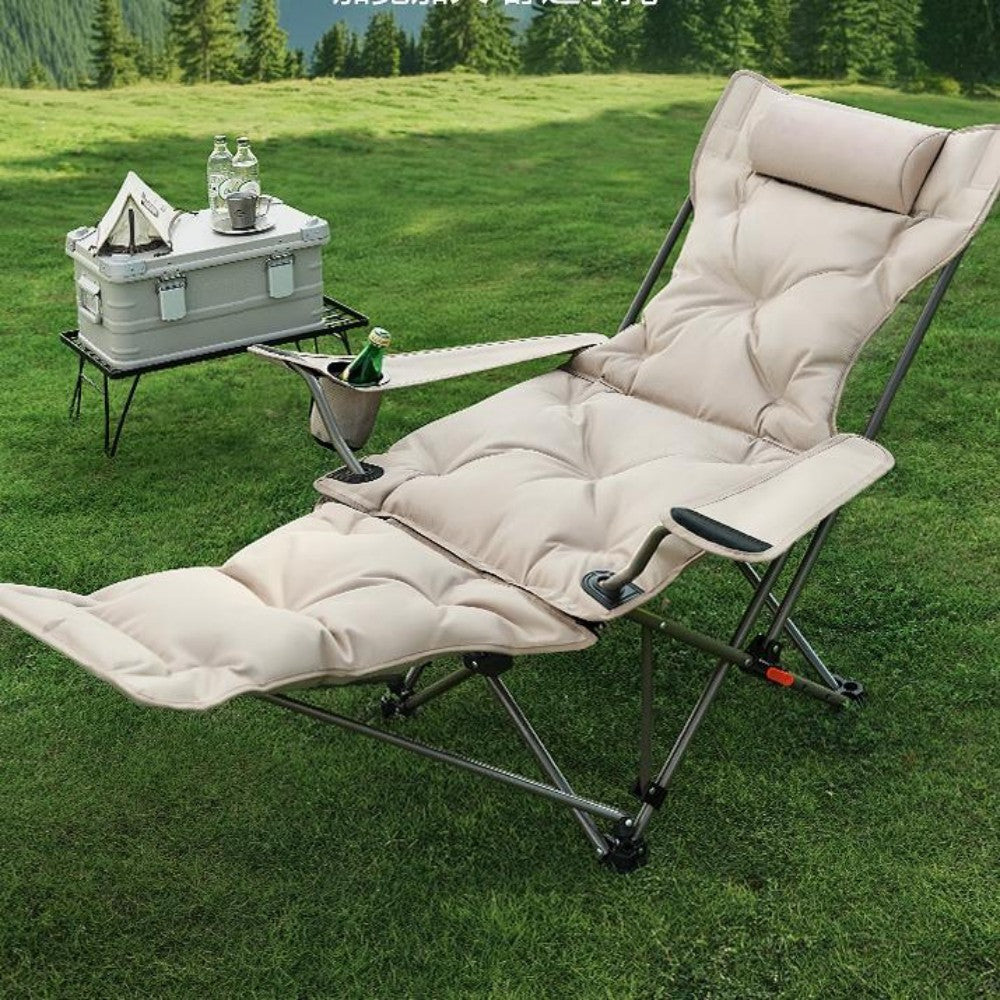 Reclining Padded Camping Chair with Footrest and Cup Holder