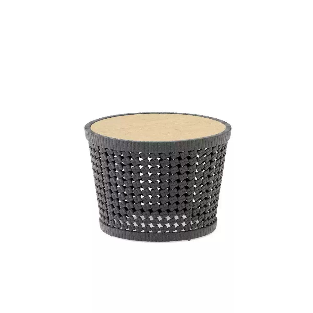 Compact Woven Outdoor Side Table with Natural Wood Top