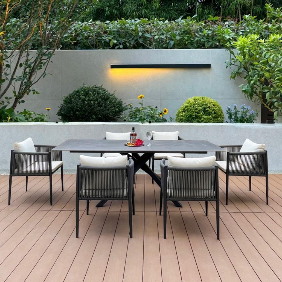 Modern Outdoor Dining Set with 6 Rope-Woven Chairs