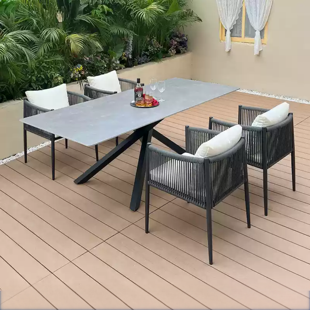 Modern Outdoor Dining Set with 4 Rope-Woven Chairs