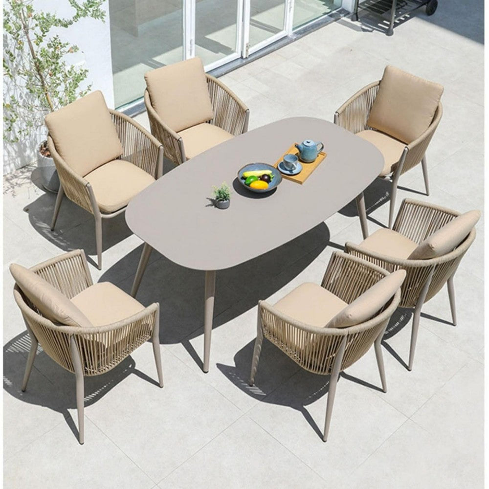 7-Piece Oval Outdoor Dining Set with Rope Chairs and Cushions