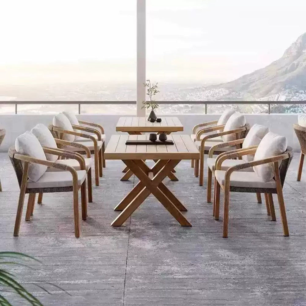 Elegant 8-Piece Outdoor Dining Set with Cross-Leg Wooden Table