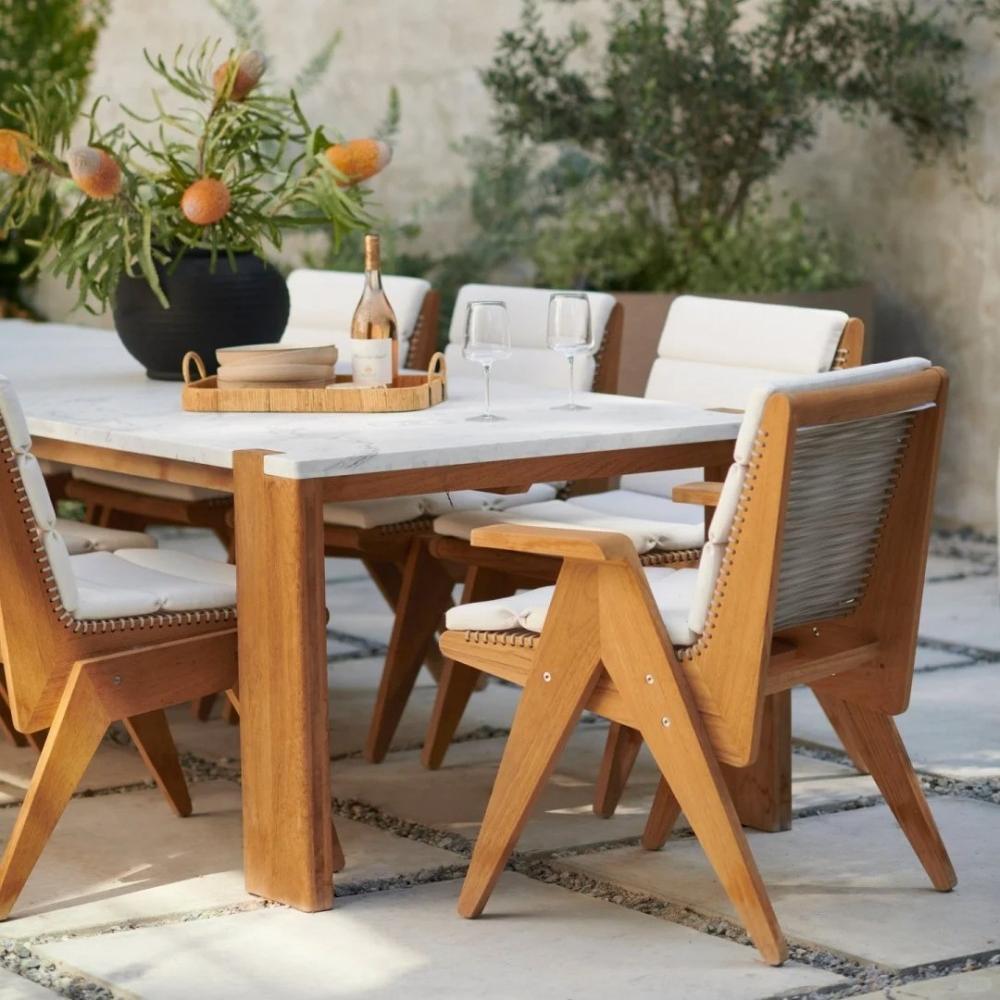 6-Piece Marble and Wooden Outdoor Dining Set