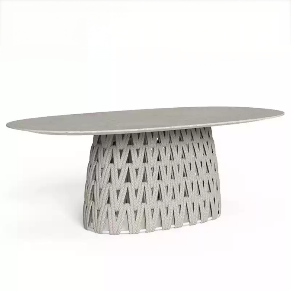 Oval Concrete-Top Dining Table with Woven Base