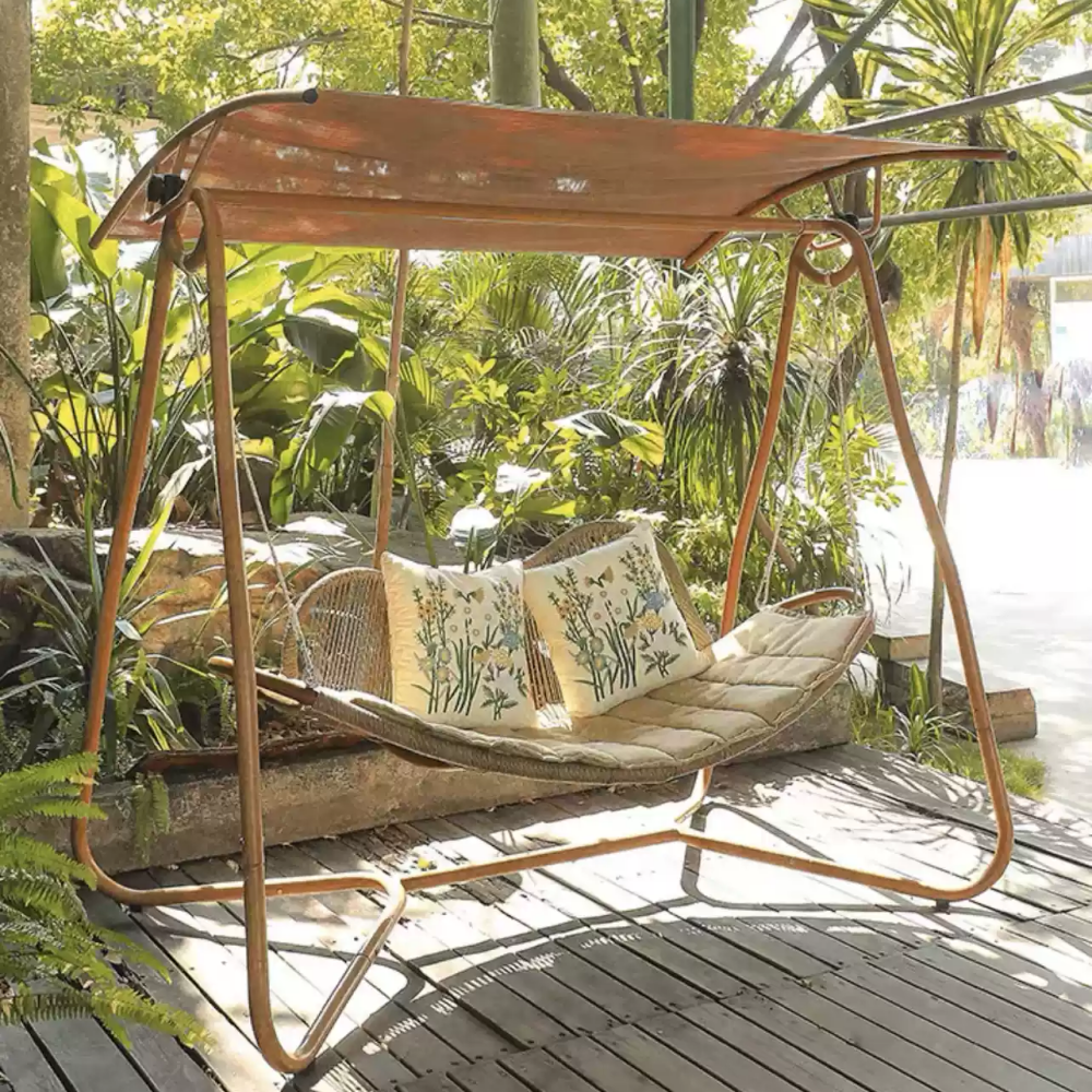 Green Outdoor Swing with Canopy and Cushions