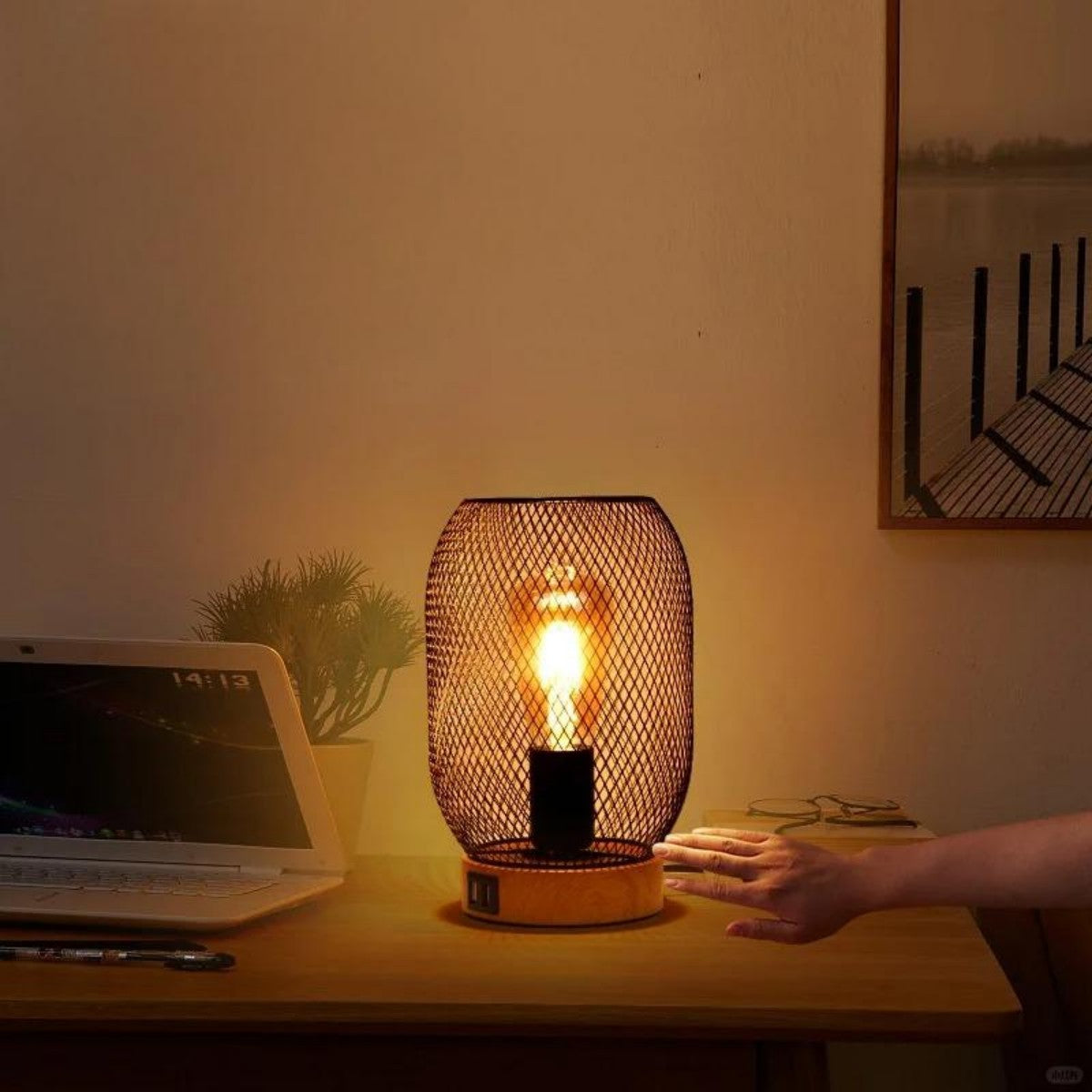 Industrial Touch-Control Table Lamp with USB Ports