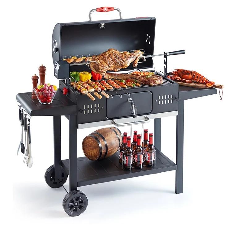 Premium Charcoal BBQ Grill with Rotisserie & Side Shelves