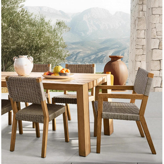 Rustic Outdoor Teak Dining Set with Woven Chairs