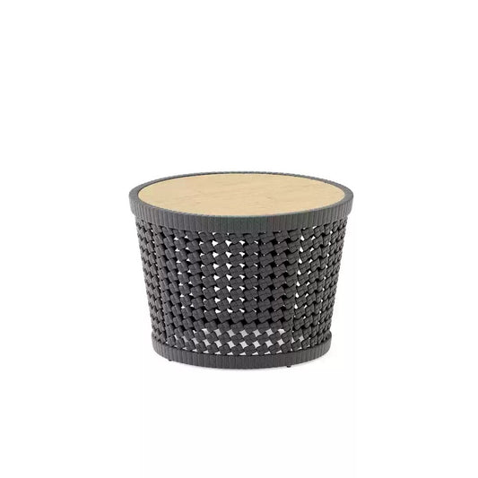 Compact Woven Outdoor Side Table with Natural Wood Top