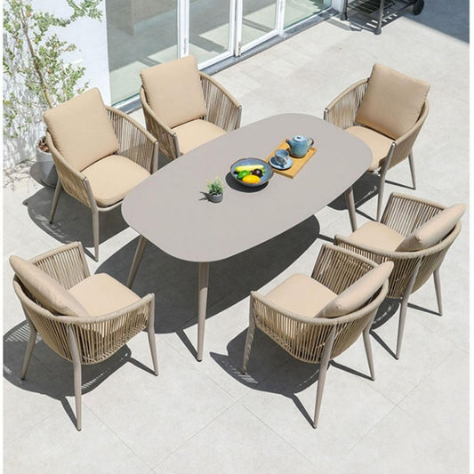 7-Piece Oval Outdoor Dining Set with Rope Chairs and Cushions