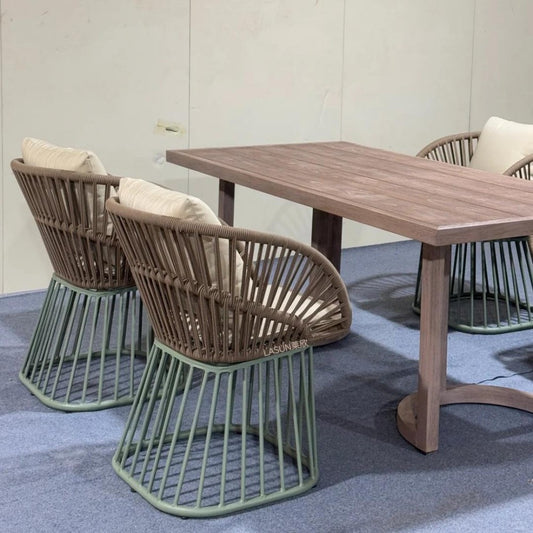 Contemporary Dining Set with Rope-Wrapped Chairs and Rustic Table
