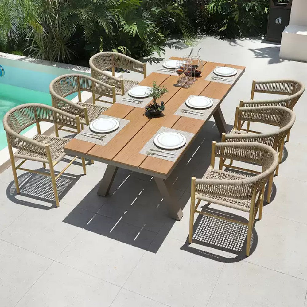 8-Piece Outdoor Dining Set with Woven Rope Chairs and Wooden Table