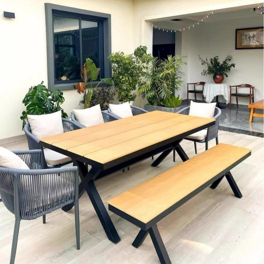 Contemporary Outdoor Dining Set with Bench and Cushioned Chairs