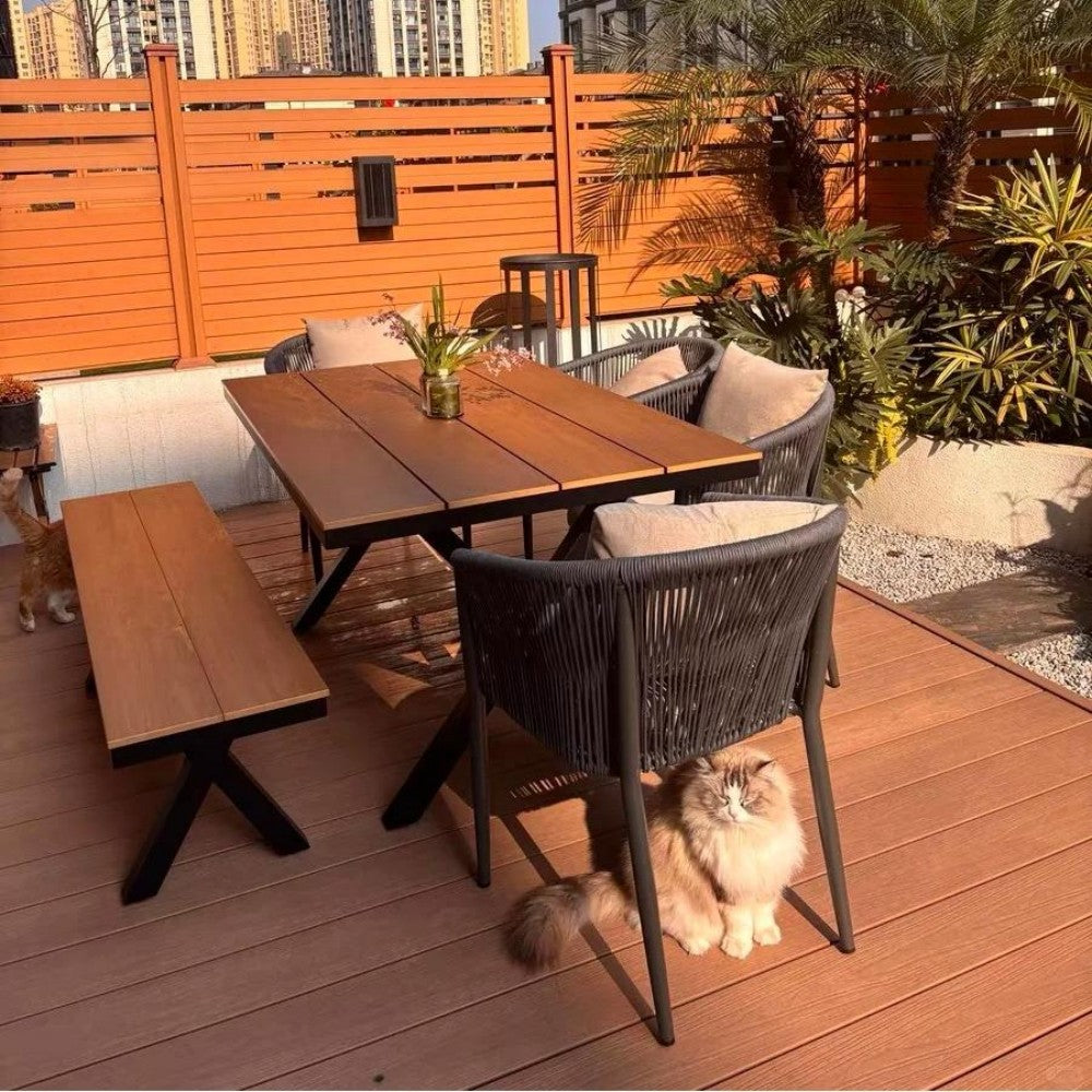 Modern Patio Dining Set with Bench and Rope Chairs