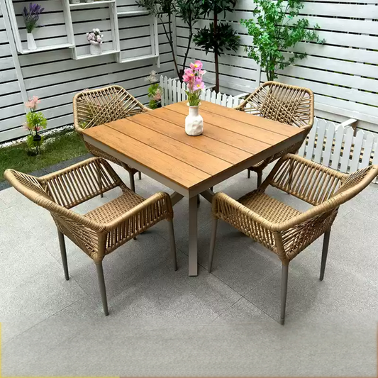 4-Piece Wooden Patio Dining Set with Rattan Chairs