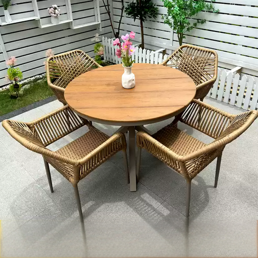 5-Piece Round Wooden Dining Set with Rattan Chairs