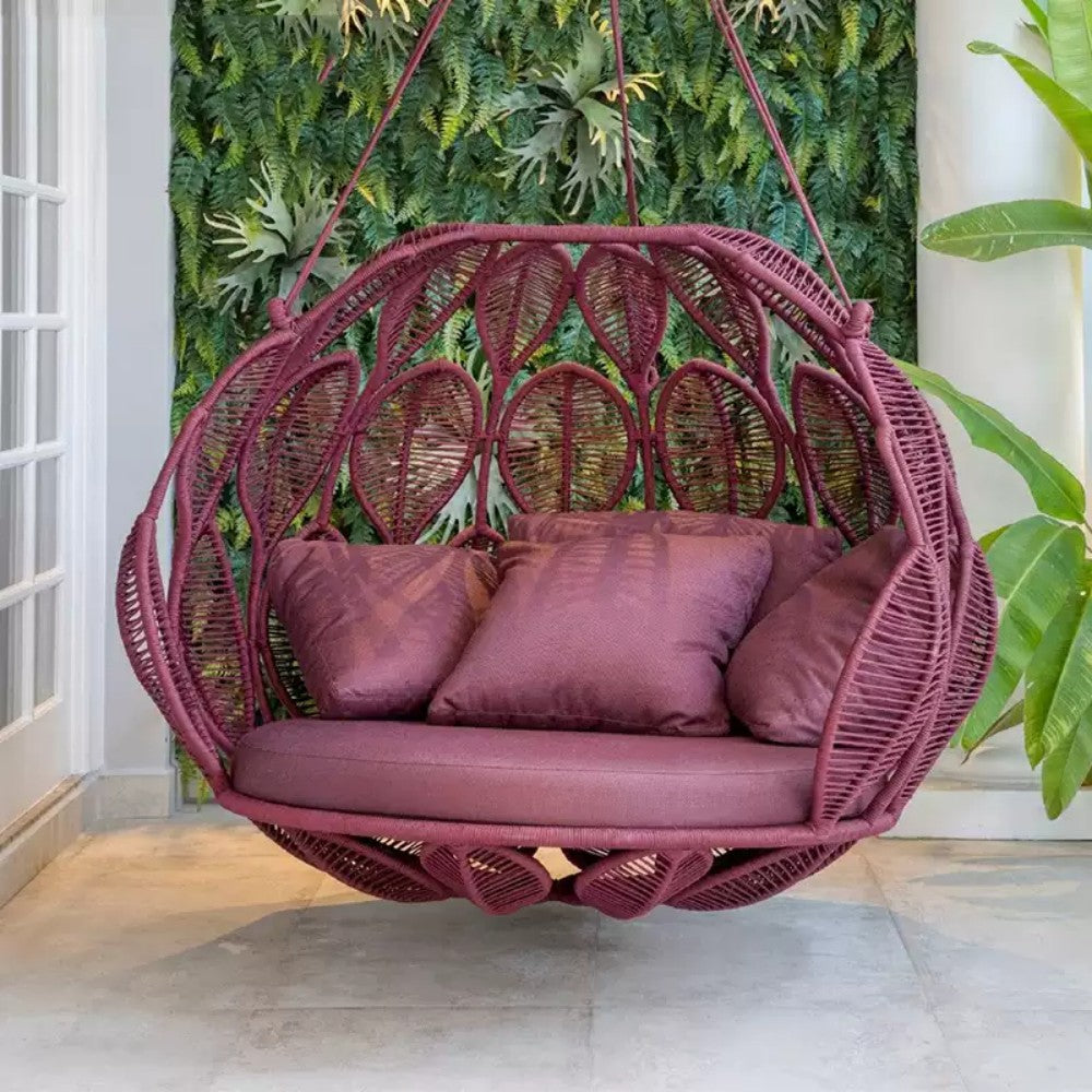 Burgundy Wicker Hanging Egg Chair for Two