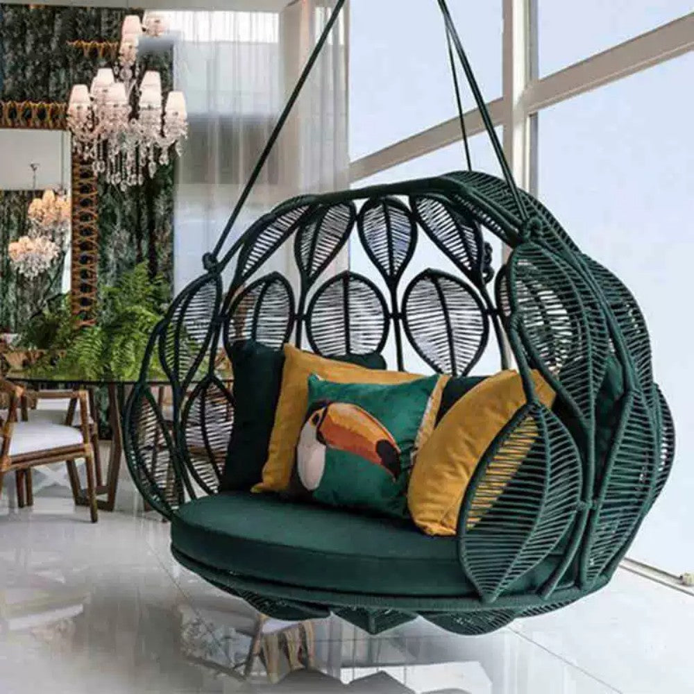 Green Wicker Hanging Egg Chair with Cushions