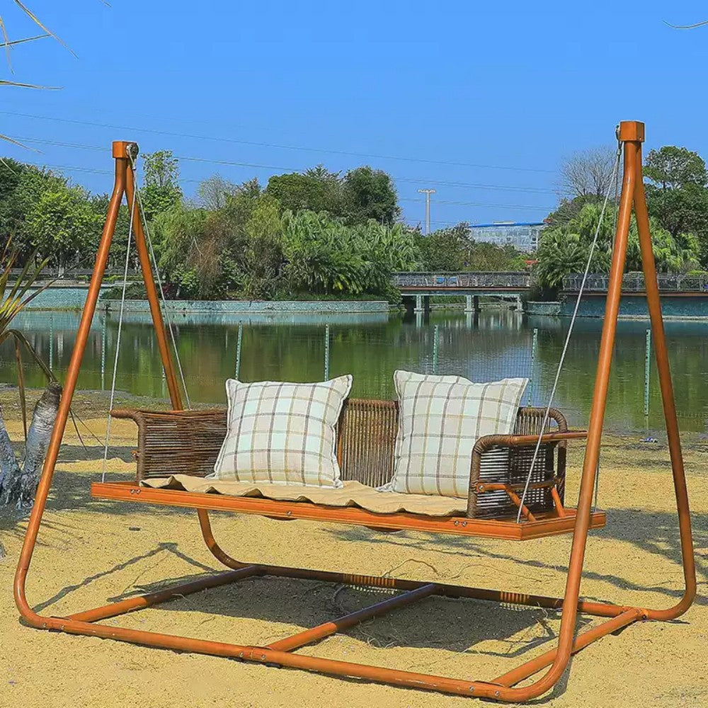 2-Person Outdoor Swing with Woven Rattan Seat