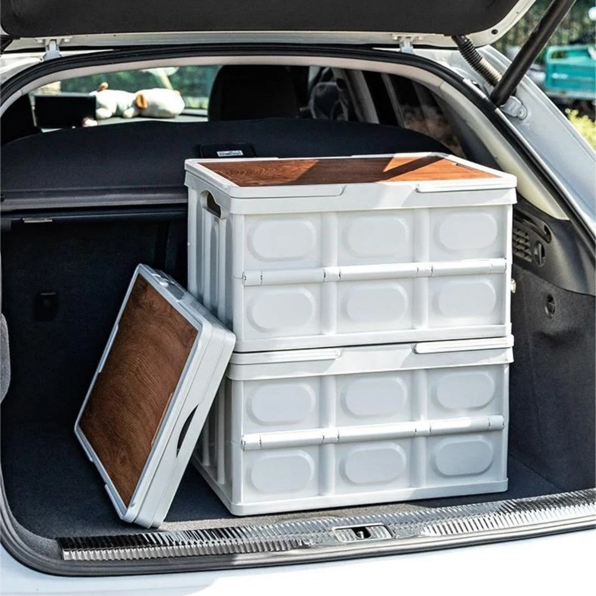 Stackable Collapsible Storage Boxes with Wooden Lids for Car Organization