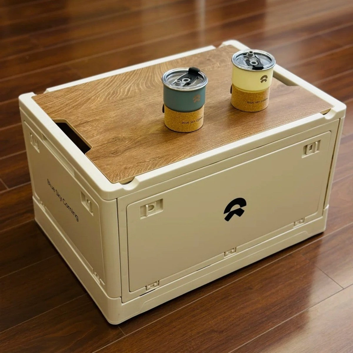 Compact Foldable Storage Box with Wooden Top for Indoor and Outdoor Use