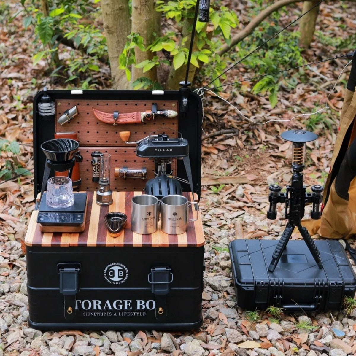 Premium Camping Gear Organizer with Built-In Wooden Workstation
