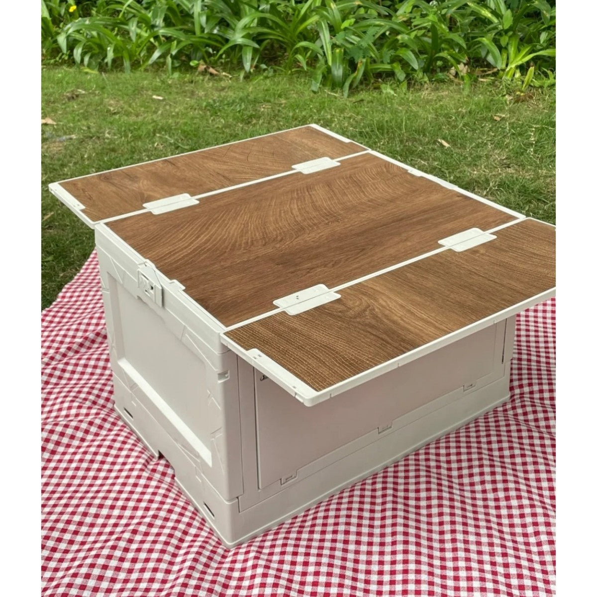 Foldable Storage Box with Wooden Top for Picnics and Outdoor Activities